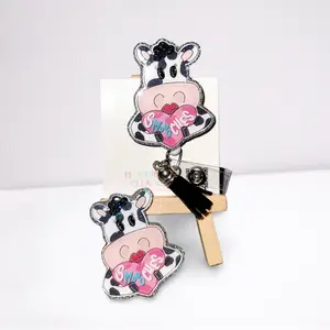 Valentine's Badge Reel - Customizable Cow Lover Retractable Badge Holder With Holographic Clip & Heart Design for Nurses & Office Wear
