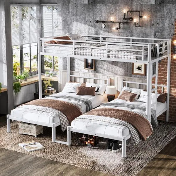 Heavy-Duty Metal Convertible L-Shaped Triple Bunk Bed - 3 Individual Twin/Twin XL/Single Sizes, 4-Sided Guardrails, Durable Elevated Frames, Storage Solutions, Assembly Required for Children's Room