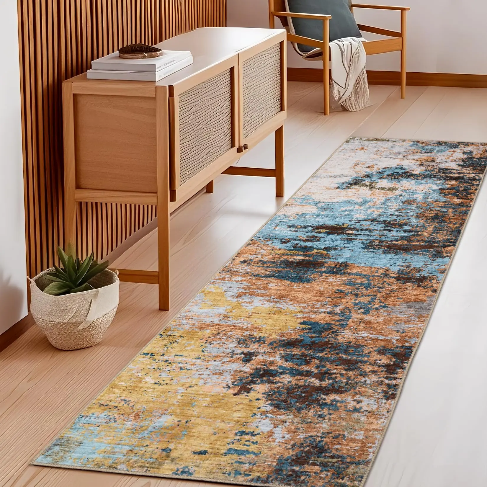 GARVEE 2x6 Washable Modern Area Rugs,Abstract Low Pile Accent Carpet with Non-Slip Backing,Colorful Throw Rug for Bedroom,Living Room,Yellow