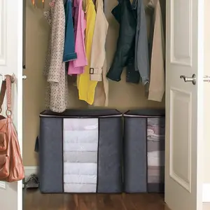 Lifewit Clothes Storage Bag 90L Large Capacity Organizer with Reinforced Handle Thick Fabric for Comforters, Blankets, Bedding, Foldable with Sturdy Zipper, Clear Window, 3 Pack, Grey