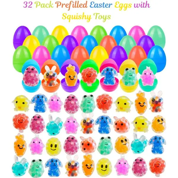 24 Pack Prefilled Easter Eggs with Squeeze Toys – Colorful Easter Egg Stress Balls, Variety Fun Egg Fillers for Easter Basket Stuffers, Classroom Party Favors & Kids Easter Gifts
