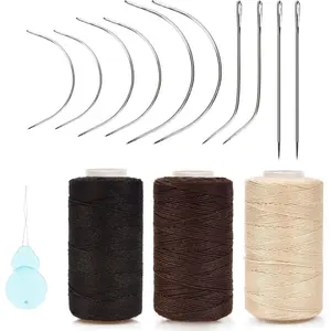 and Thread Set Professional Hair Extension Tools 10 count Curved  with 3 count Black Brown Beige Threads for Making Wig DIY Hand Sewing Hair Weave Extension (3 Thread, Mix Colors)