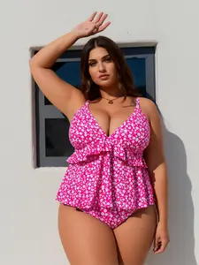 Women's Plus Size Pink Floral Print 1-Piece Ruched Ruffle Tiered Deep V-Neck Bathing Suit for Summer Sports & Outdoor Use, Floral Print Swimsuit, Ruched Swimsuit