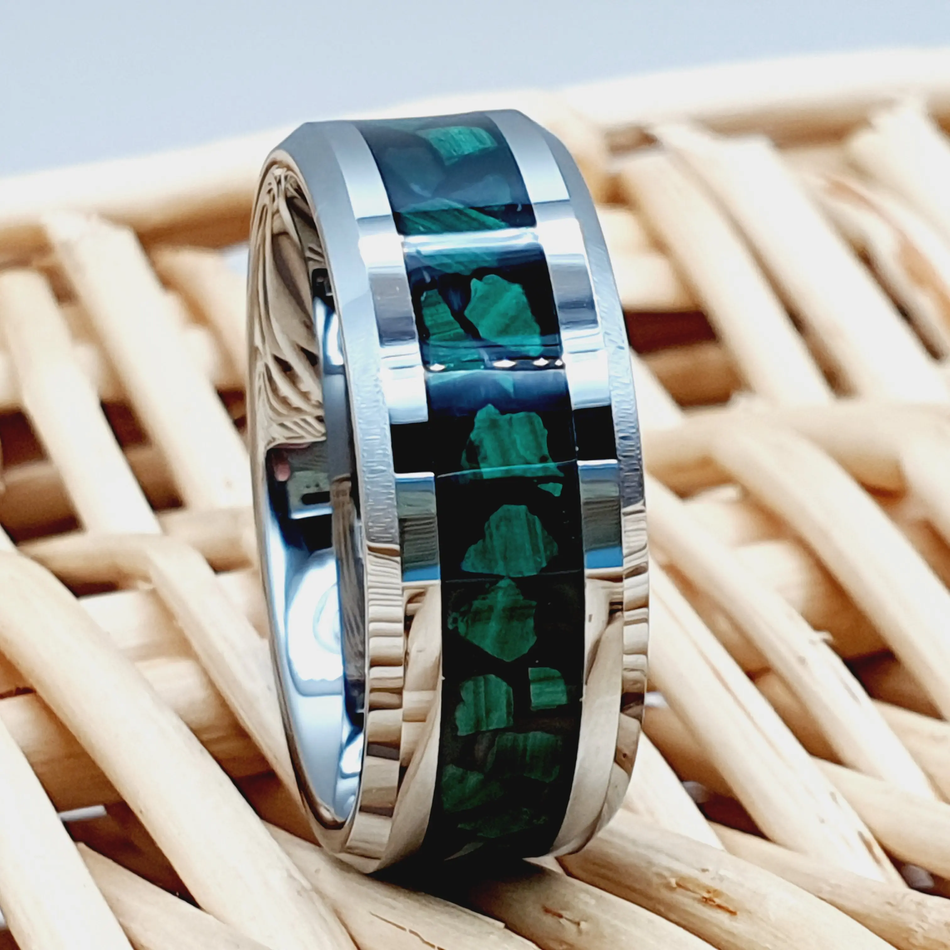 Silver Tungsten Band with Unique Malachite Mineral Stone Inlay for Men and Women - Engagement Ring