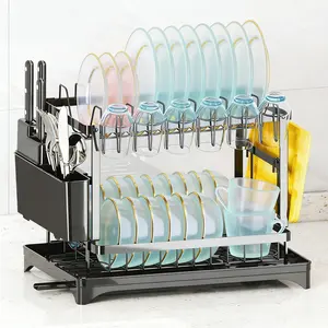 2-Tier Dish Drying Rack with Drain Tray, Space-Saving Countertop Organizer for Small Kitchens and Apartments, Holds Plates, Bowls, Cups and Utensils, Sturdy Rustproof Black Metal Frame, Easy to Clean, Modern Kitchen Storage Solution