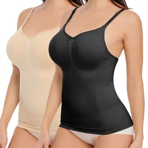 2 Pack Women's Sleeveless V-Neck Shapewear Camisole With Built in Bra Tummy Control Compression Tank Tops Body Shaper Padded Tanks With Spaghetti Straps, Comfort Farbic Womensewear Underwear