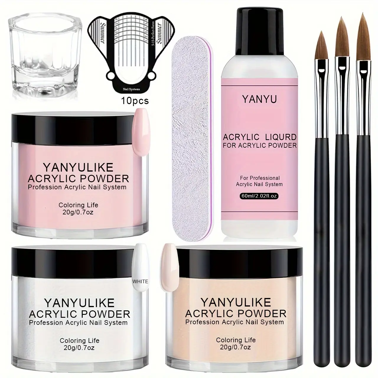 Complete Acrylic Nail Kit for Beginners - Includes Brushes, Monomer, White And Pink Acrylic Powder, Non-Yellowing Formula, Odorless, User-Friendly, Durable Nail Art Set for Salon-Quality Results at Home