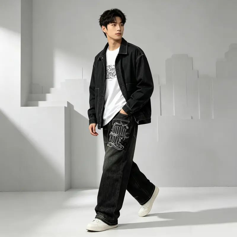 Women's Denim Embroidered Jeans Bottoms, Euro-American Hip-Hop Street Denim Style, Loose Cut Letter Print Wide-Leg Vintage Pants with Pockets