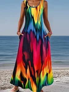 Women's Plus Size Tie Dye Print Tank Dress, Comfortable Skin-Friendly Homewear, Casual Fitted Long Dress for All Seasons, Bohemian Casual Dress