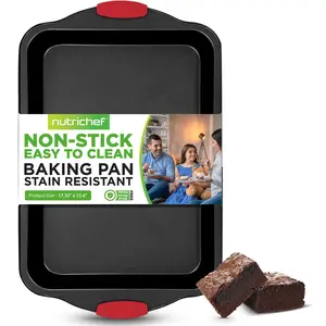 17.3" Baking Pan – Black | Non-Stick Carbon Steel Bakeware with Red Silicone Handles - Reusable Heavy Duty Oven Tray - Heat Resistant up to 446°F - Dishwasher Safe & Freezer Safe - Daily Home Kitchen Use