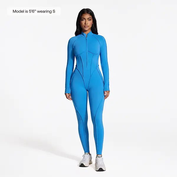BetterMe Women's Long Sleeve Zip-Front Open-Back Catsuit, Full-Length Compression Jumpsuit for Workout Yoga Gym Activewear