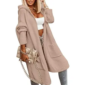 PASLTER Womens Long Cardigans Cable Knitted Open Front Oversized Hooded Outerwear Sweater Coat