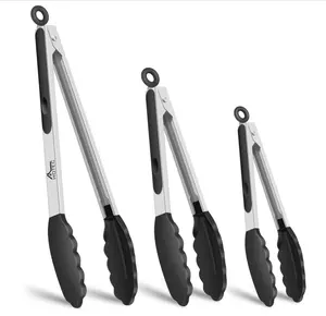 HOTEC Premium Stainless Steel Locking Kitchen Tongs with Silicon Tips, Heat Resistant Cooking Tongs Set of 3-7", 9" and 12", Black