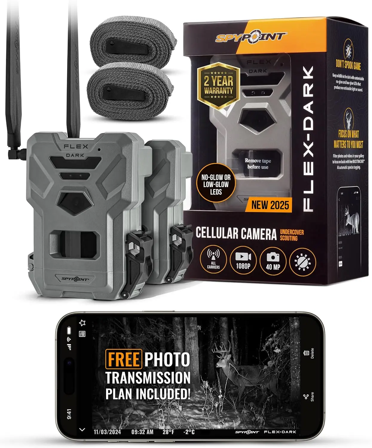 SPYPOINT FLEX-DARK GPS-Enabled Dual-SIM Cell Trail Hunting Camera with 40MP Photos, Reinforced Gray Shell, Compact Pack, Concealed Camo (2-Pack) for Outdoor Sports