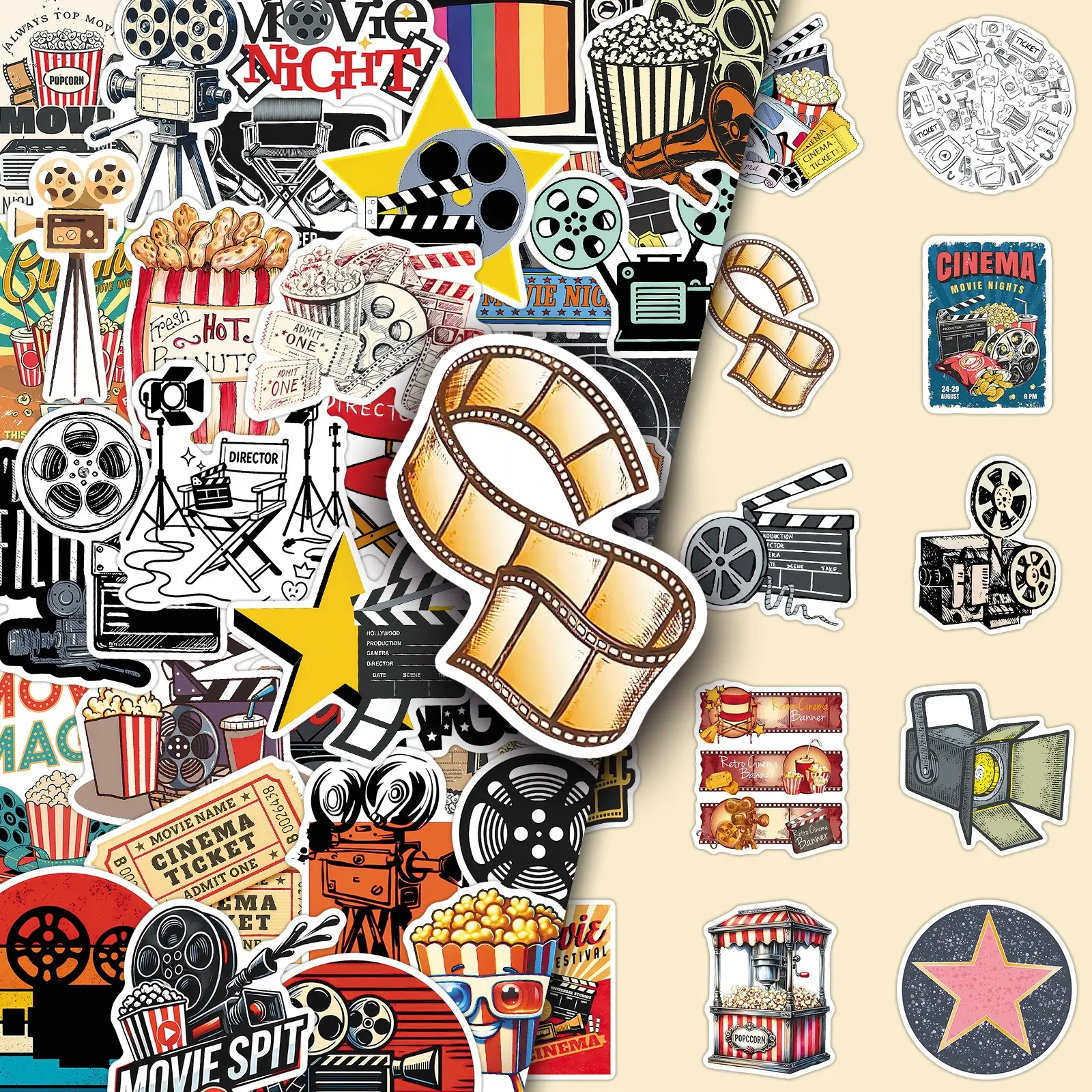 100 Sheets, Two Sets of Repeat Vintage Film Design Sense Personality Creative Decoration DIY Handbook Phone Case Stickers, Decal Sticker, DIY Sticker Paper, Funny Stickers