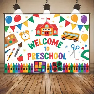 1PC,2D Flat Backdrop Welcome To Preschool Backdrop,First Day Of School Decorations Kindergarten School Party Supplies,Preschool Classroom Decor Photo Booth Backdrop For School Opening Ceremony Party Dec
