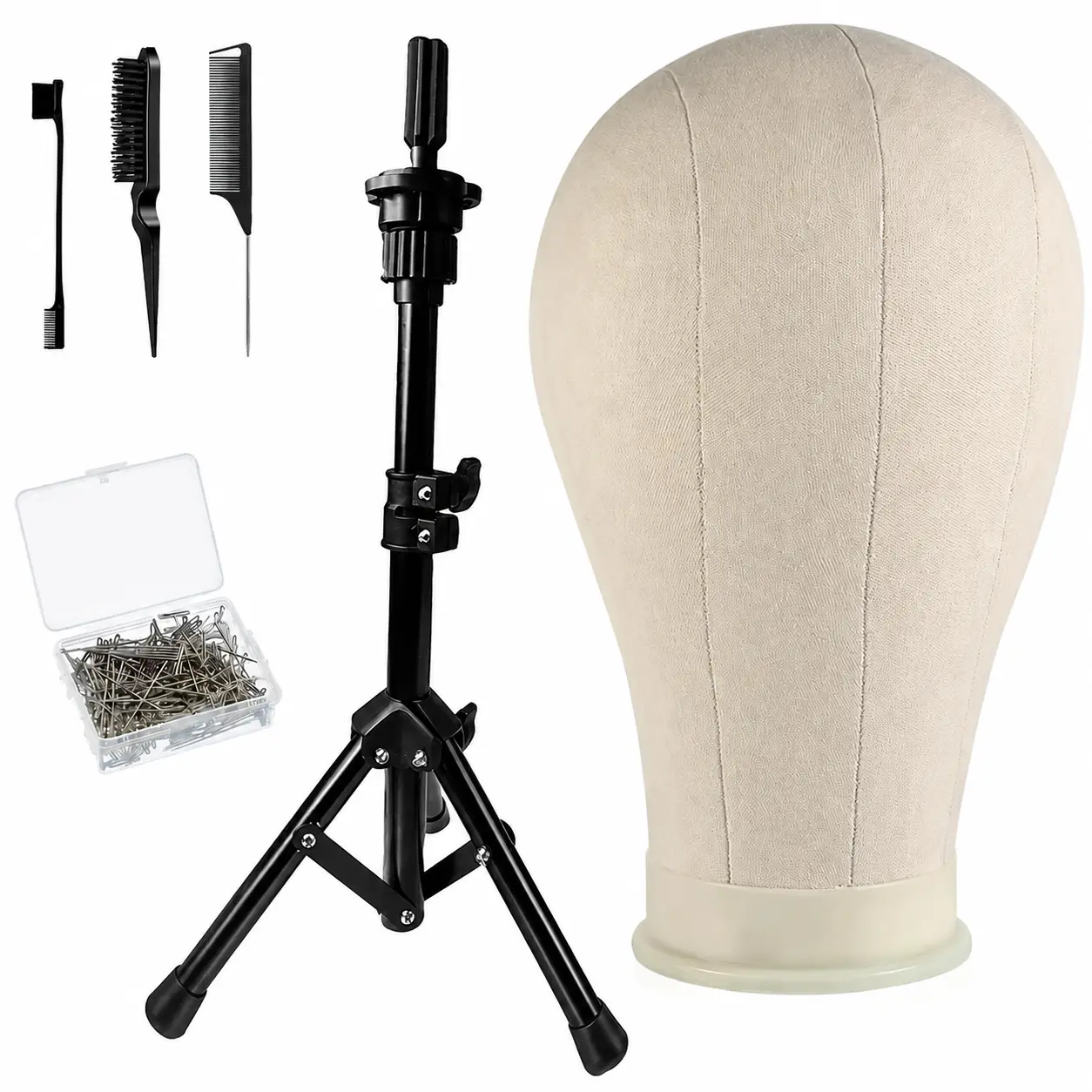 22 Inch Canvas Block Wig Head, Wig Stand Tripod With Head, Mannequin Head For Wigs, T Pins, Bristle Brush