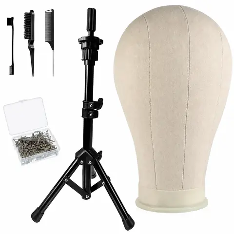 Unisex Wig Styling Equipment Set - 22-Inch Canvas Block, Anti-Slip Feet Tripod Stand, Salon-Use Mannequin Head, T-Pins, Bristle Brush