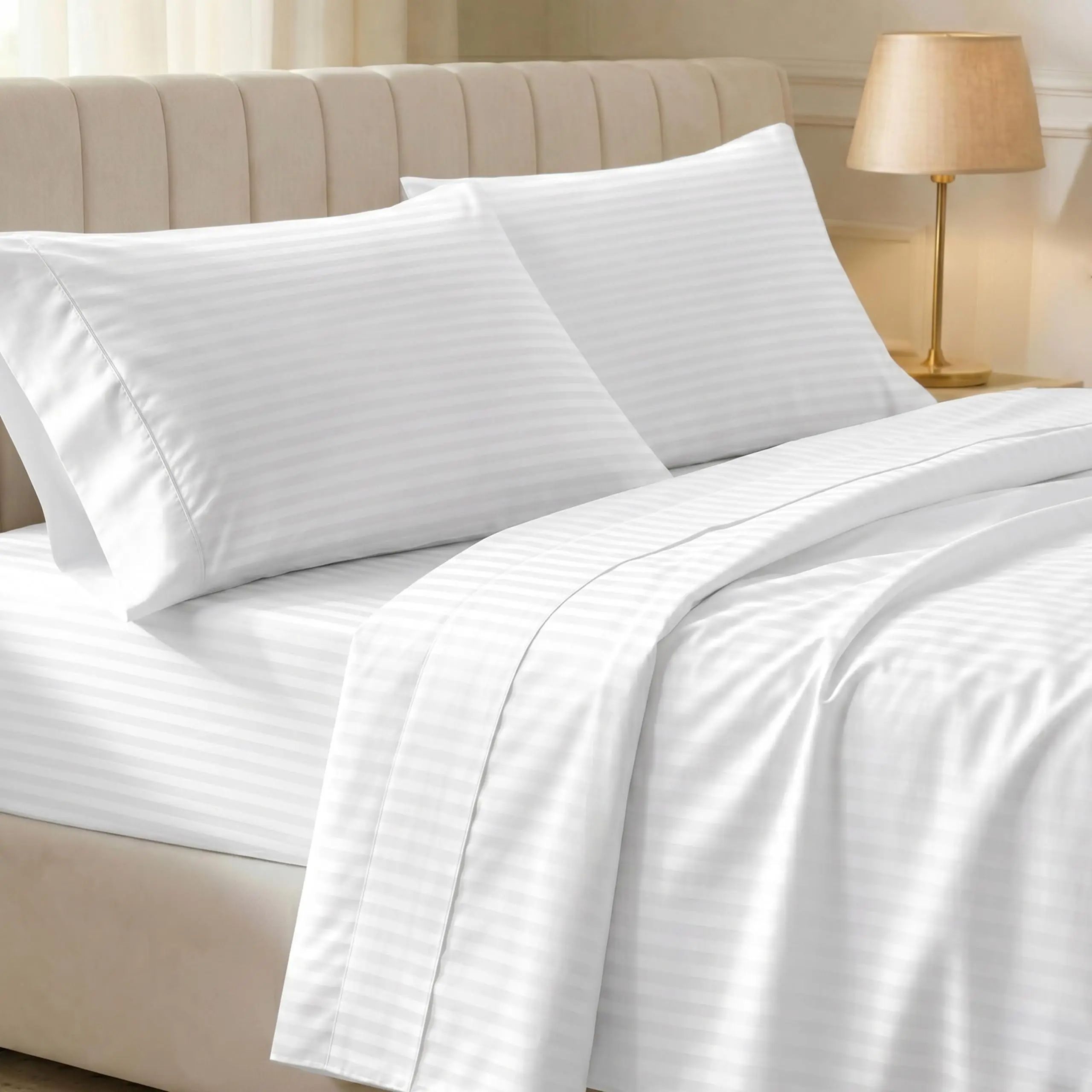Cotton Striped Sheets Set - Softest 400 Thread Count Bed sheets, 100% Cotton Sateen, Cooling, Deep Pocket