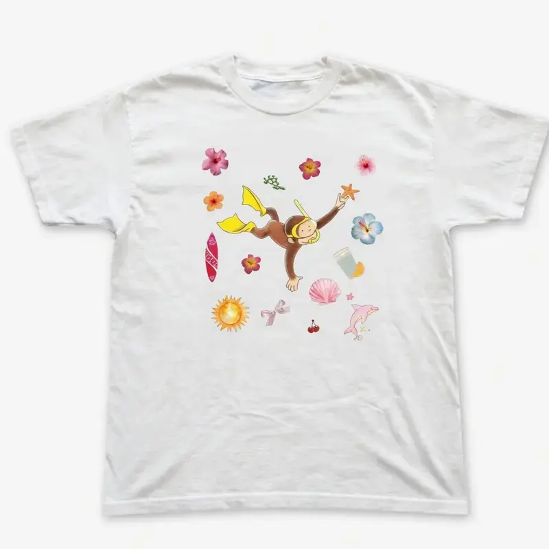 Y2K Curious George Diving In The Sea Graphic T-Shirt