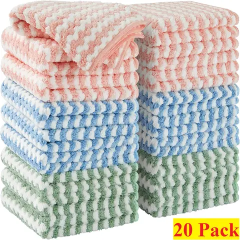 20-Pack Kitchen Cleaning Towels & Dishcloths Sets, 10"x10" Mixed Fiber Reusable Home Goods, Super Soft, High-Absorbent, Quick-Drying Machine Washable Daily Household Items with Small Bags (Hand Cleaning, Multi-Surface Use)