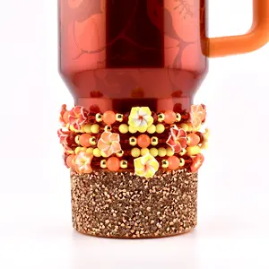 Orange Red and Gold Bracelet Collection with Tropical Hibiscus Flowers and Shell Charms - Set of 5