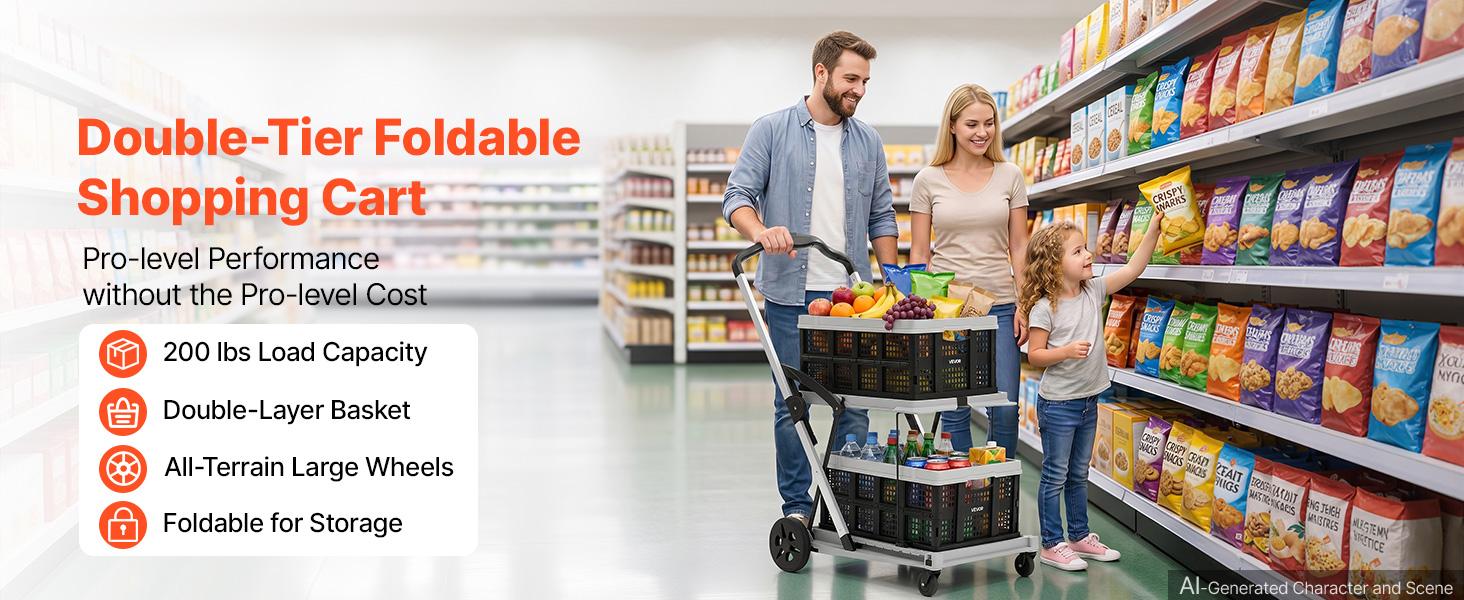 VEVOR Collapsible Shopping Cart with Wheels Foldable for Grocery Black Gray, 200lbs Capacity Rolling Utility Cart, Storage Crate & Foot Brake, Portable Folding for Groceries, Warehouse, Supermarket#BacktoSchool VEVOR Collapsible Shopping Cart with Wheels Foldable for Grocery Black Gray, 200lbs Capacity Rolling Utility Cart, Storage Crate & Foot Brake, Portable Folding for Groceries, Warehouse, Supermarket#BacktoSchool