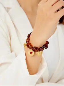 Stainless steel red gem heart amber bead bracelet for women