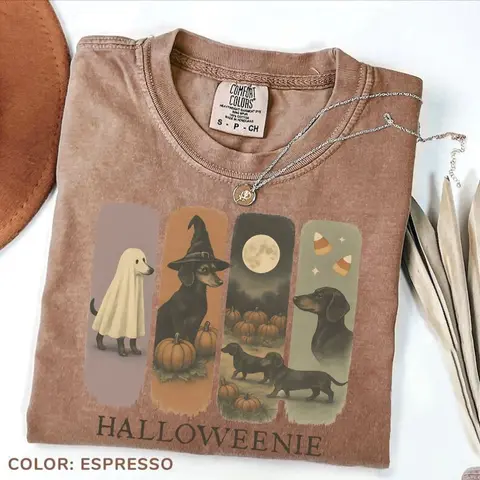Comfort Colors Vintage Dachshund Halloween T-Shirt Retro Doxie Dog Tee Fall Spooky Season Graphic Top Cute Weiner Dog Mom Gift for Her Women Outfit trendy