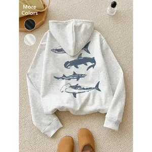 Women's wool aesthetic hoodie, autumn and winter loose long sleeved pullover, shark print casual daily wear, neutral fashion topRAIMENTRY