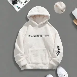 Women's American Style Plush Hoodie with Embroidered Letters, Cozy Fall/Winter Fleece Lined Sweatshirt, Relaxed Fit Shearling-Like Hooded Jacket, Unisex Streetwear & Loungewear Pullover Casual Long Sleeve