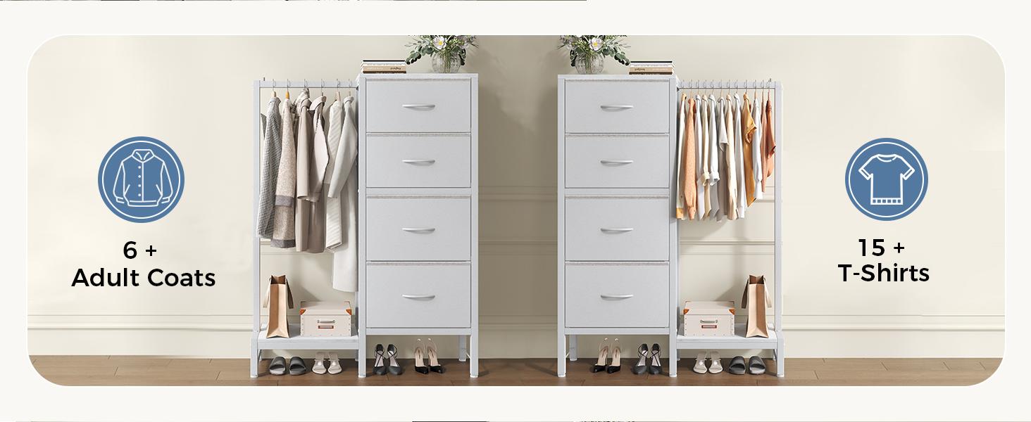 Dresser With Hanging Rack，Closet Organizer,With Hanging Rack With LED Lights & Charging Station,Wooden Top, for Home Living Room