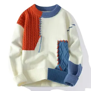 2025 New Crewneck Sweater Youthful Fashion Colorblock Patchwork Design Blue/Orange/Black/White Premium Comfortable Fabric Unisex Autumn/Winter Warmwear Knitwear Men’s Wear Love Stylish Casual