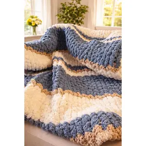 Mountain Tide Handmade Chunky Knit Throw Blanket, Smoky Blue, Ivory & Tan, 50x60