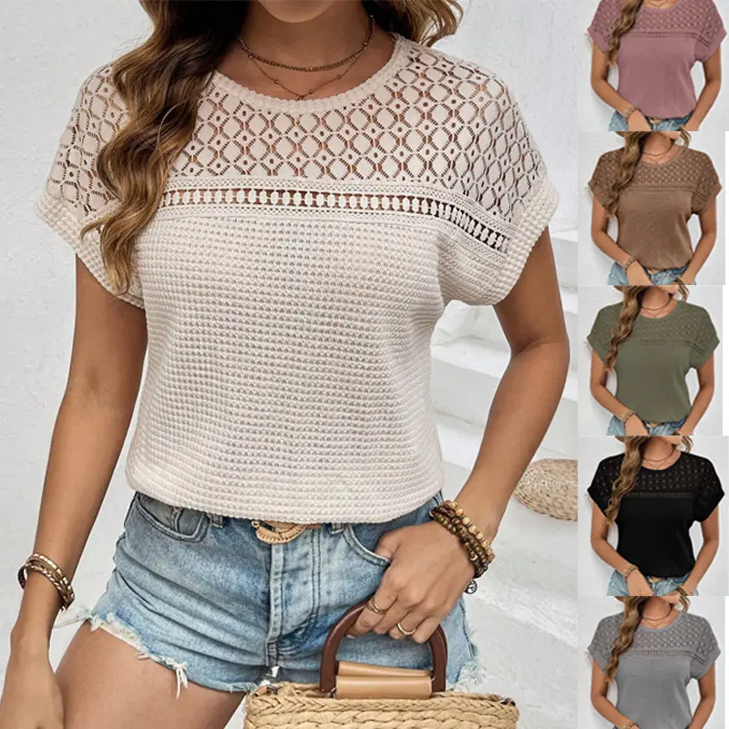 PHEFEE Women's Everyday Breathable Fabric Pullover, Summer Short Sleeve Crewneck Crochet Blouse, Casual Lace Hollow Out Knit Tunic for Army Beach Wear, 1-Piece Lightweight Top