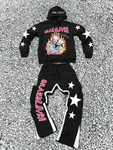 Men's Y2K Style Hoodie Set, Skull Print Long Sleeve Pullover & Colorblock Pants, Casual Fall Winter, Comfortable Fashion Wear