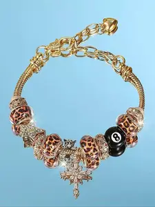 Leopard Print Cherry 8 Ball Pendant Bracelet, Heart Shaped Leopard Hand Chain, Panther Star DIY Bracelet, Vintage Festival Fashion, Stackable Bracelets