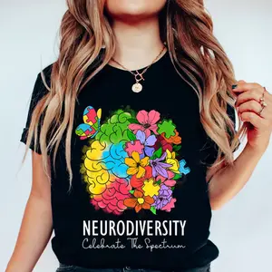 Teacher Autism T-shirt, Neurodiversity Celebrate The Spectrum Shirt, Colorful Brain Puzzle Flower Graphic, Autism Awareness Tee Inclusive Support Gift