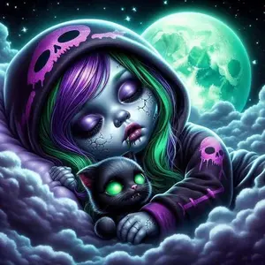 5D DIY Full Drill Round Diamond Painting - Diamond Art Painting Kit Skull Hoodie, Black Cat, Full Moon Mosaic, Cloud, Canvas - DIY Decorative Art, Home Wall Decor, Suitable for Halloween and Christmas, Birthday and Anniversary Gifts