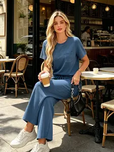 Women's Fashion Solid Color Casual Round Neck Pocket T-Shirt + Drawstring Wide Leg Pants Set Loose Fit Slimming Wide Leg Pants Two-Piece Set Suitable for Summer Commuting to Work Shopping Outings Indoor and Outdoor Wear