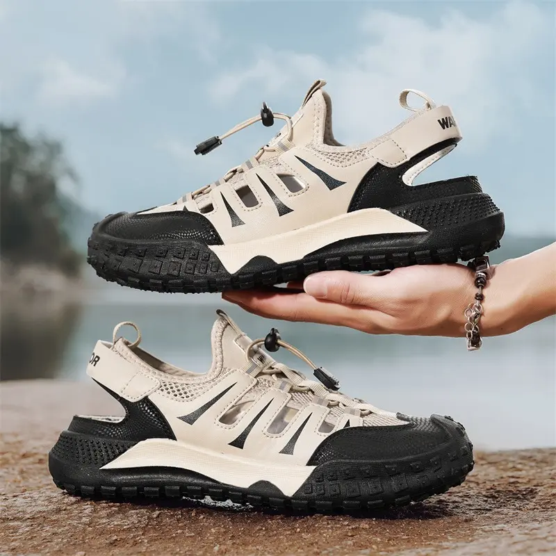 Men's Closed Toe Hiking Sandals, Breathable Cutout Mesh Upper, Non Slip Thick Rubber Sole Outdoor Sport Sandals, Quick Dry Adjustable Drawstring Trekking Shoes for Beach Walking Camping Travel Footwear