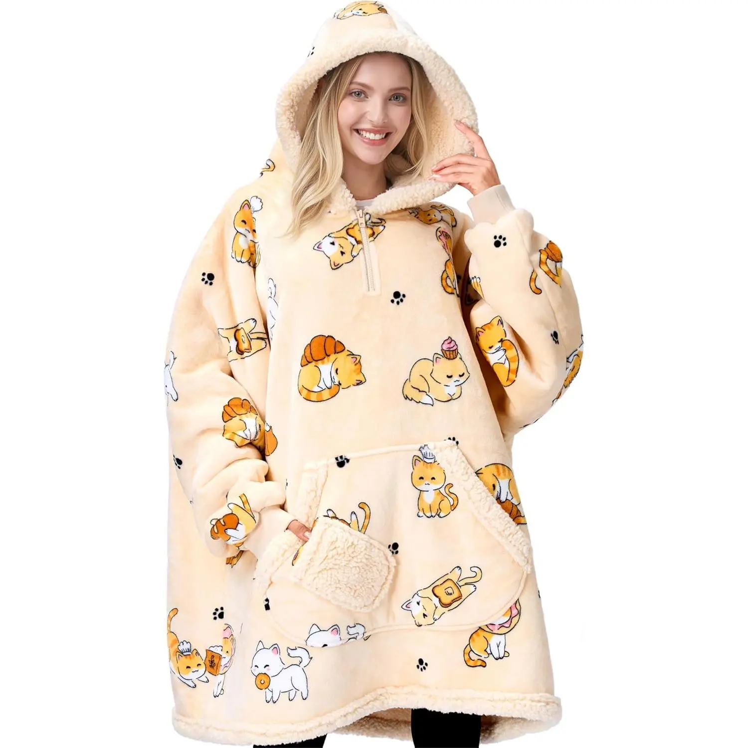 Women's Oversized Cat Print Hooded Blanket Pullover Sweatshirt - Cozy Sherpa Fleece Top with Long Sleeves, Large Front Pocket - Women's Clothes, Ideal Gifts for Teen Girls, Sweatshirts, Pullover Hoodie, Full Sleeves, Warm, Large Pocket, With Pocket And Sl