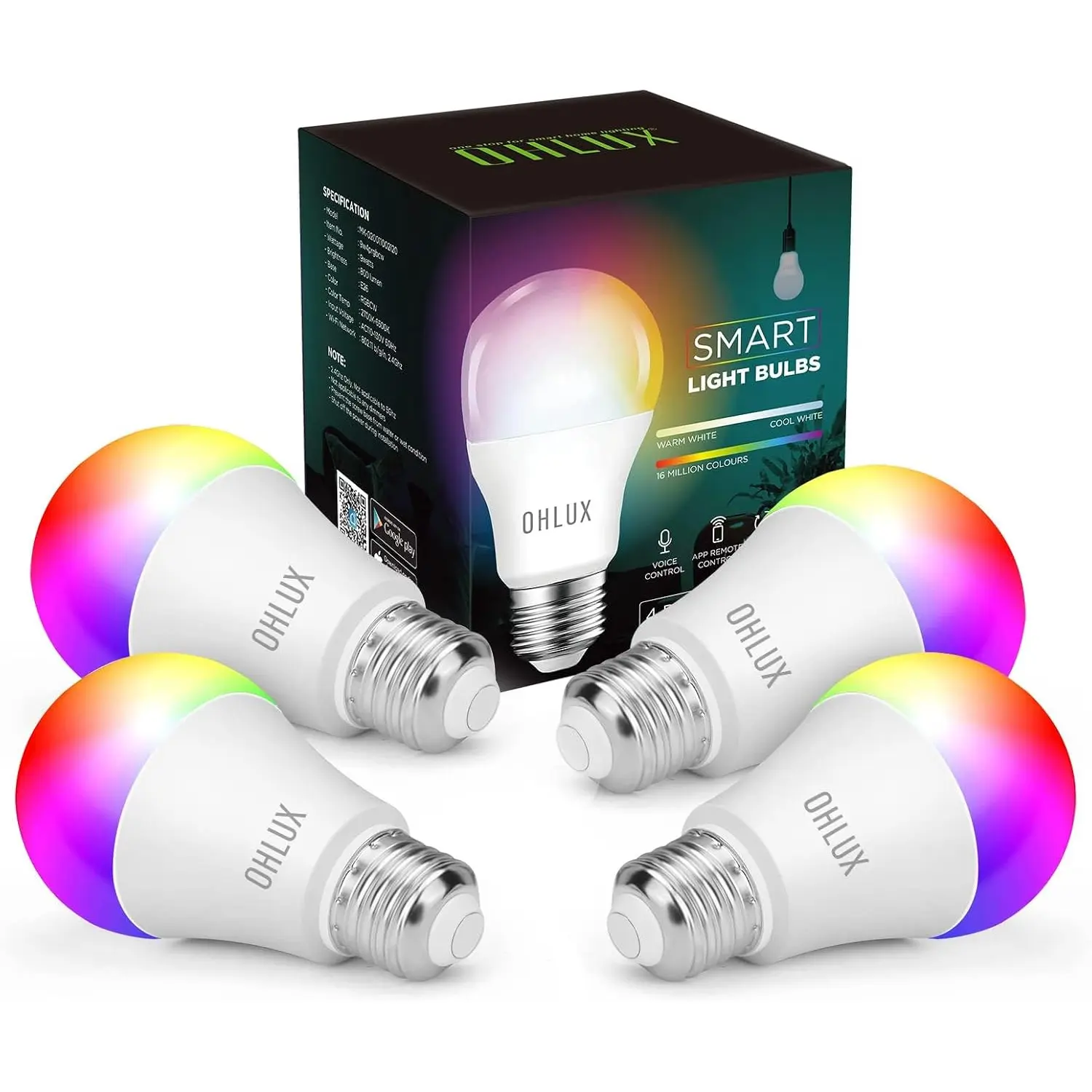Smart WiFi LED Light Bulbs Compatible with Alexa Google Home 900Lumen 100W Equivalent, RGBCW Multi-Color, 2700-6500k Dimmable,Voice Control 9W E26 A19 Color Changing Bulb-4PACK