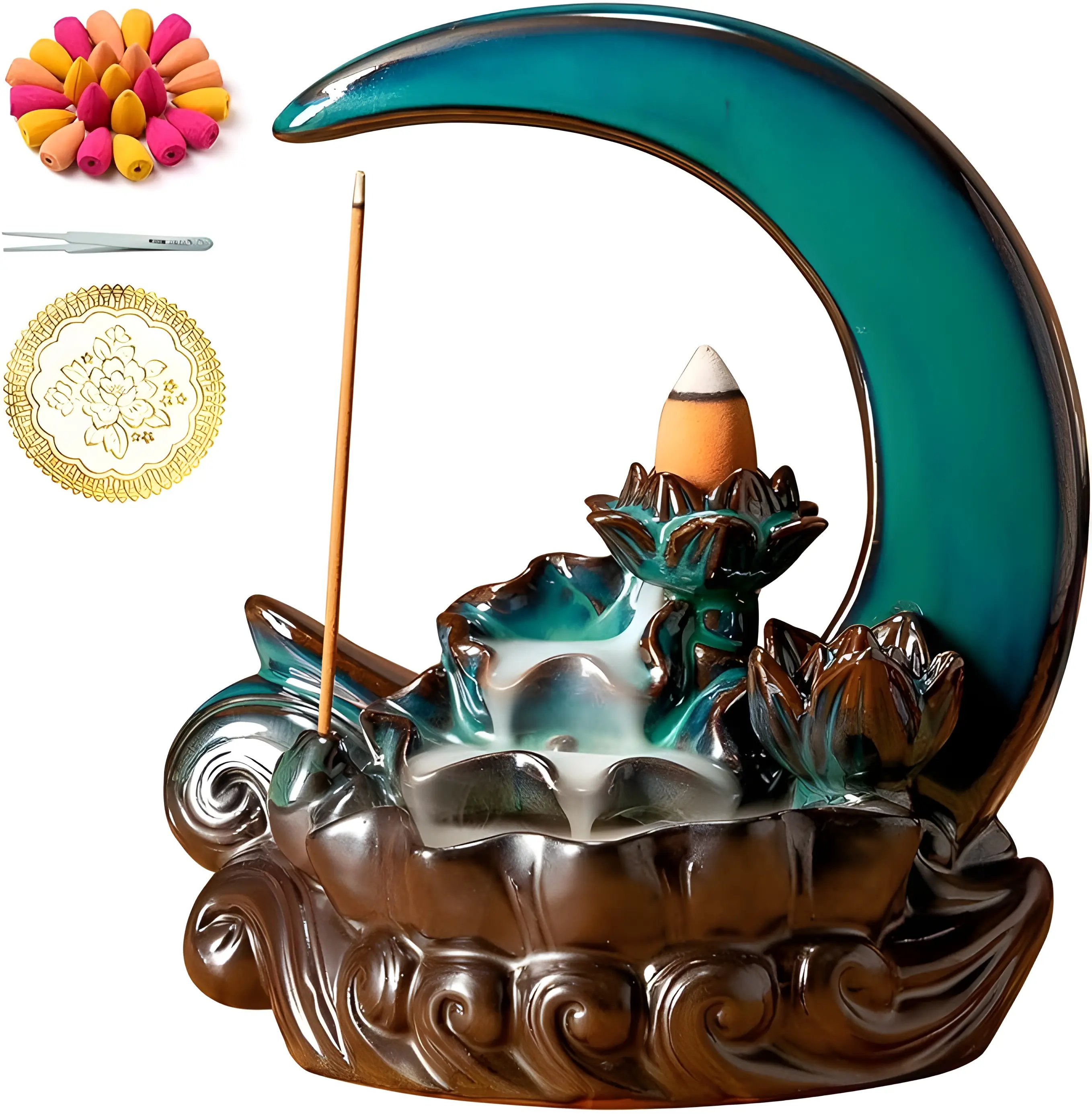 Mother day gift Moon Incense Burner with 60 Incense Cones + 30 Incense Stick Ceramic Waterfall Incenses Burner Backflow Holder Fragrance Perfume 11