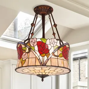 17.3 Inch Tiffany-Style Rose Floral Semi-Flush Mount Ceiling Light (Coffee Finish, E26 Sockets, Warm Light Bulbs Included)