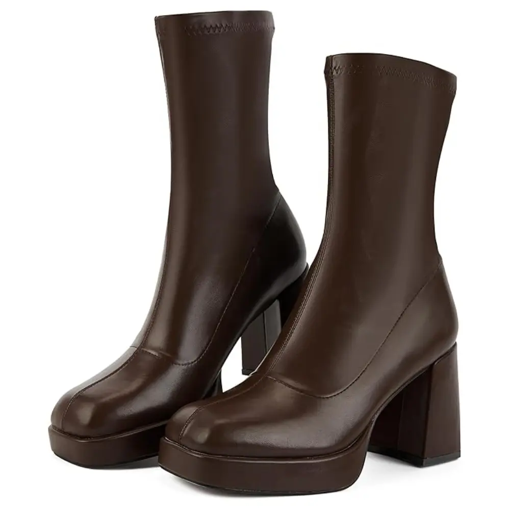 Platform Boots for Women,GoGo Boots,Square Toe Chunky Heel Ankle Boots
