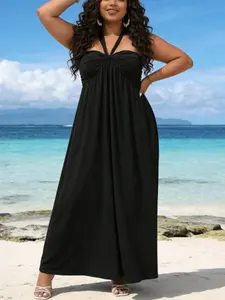 Elegant Backless Halter Neck Sleeveless Dress, High-Waisted Slimming Design, Perfect for Summer Beach Vacations & Casual Wear, Long Flowy A-Line Style