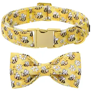 Lionet Paws Spring Bee Dog Collar with Bow Tie, Adjustable Dog Accessory with Metal Safety Buckle - Quick Release Collar for Small to Large Dogs