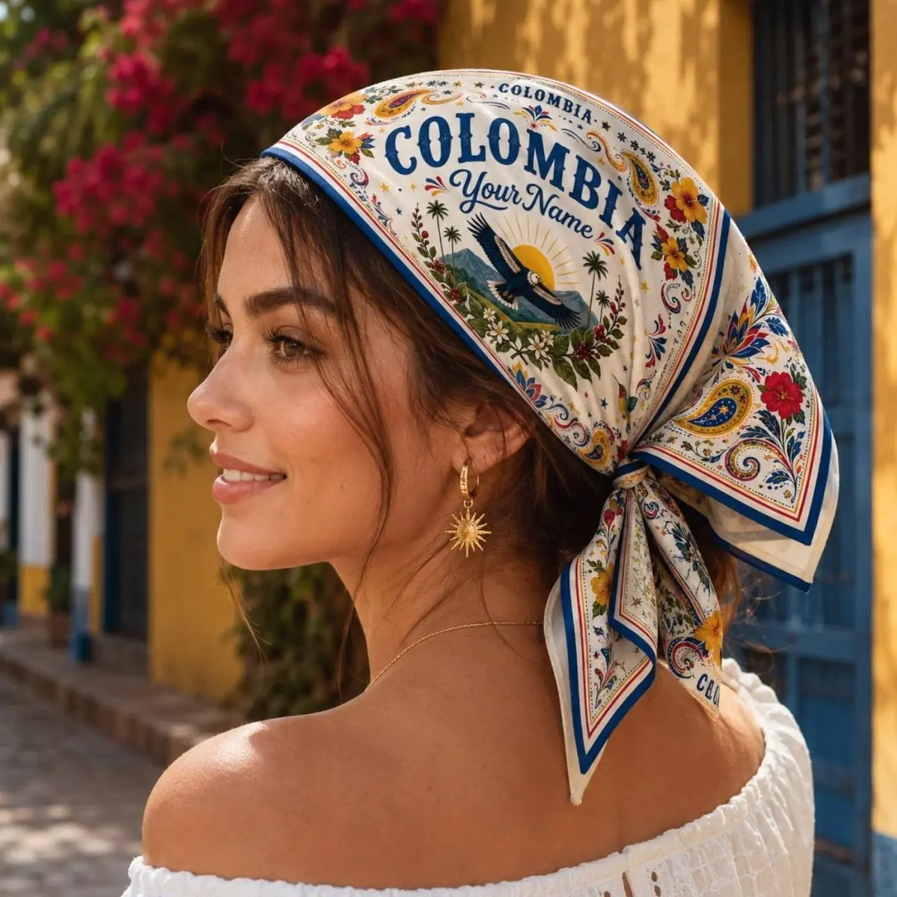 Custom Colombia Scarf, Personalized Floral Bandana, Colombia Soccer Festival, Country Travel Scarf