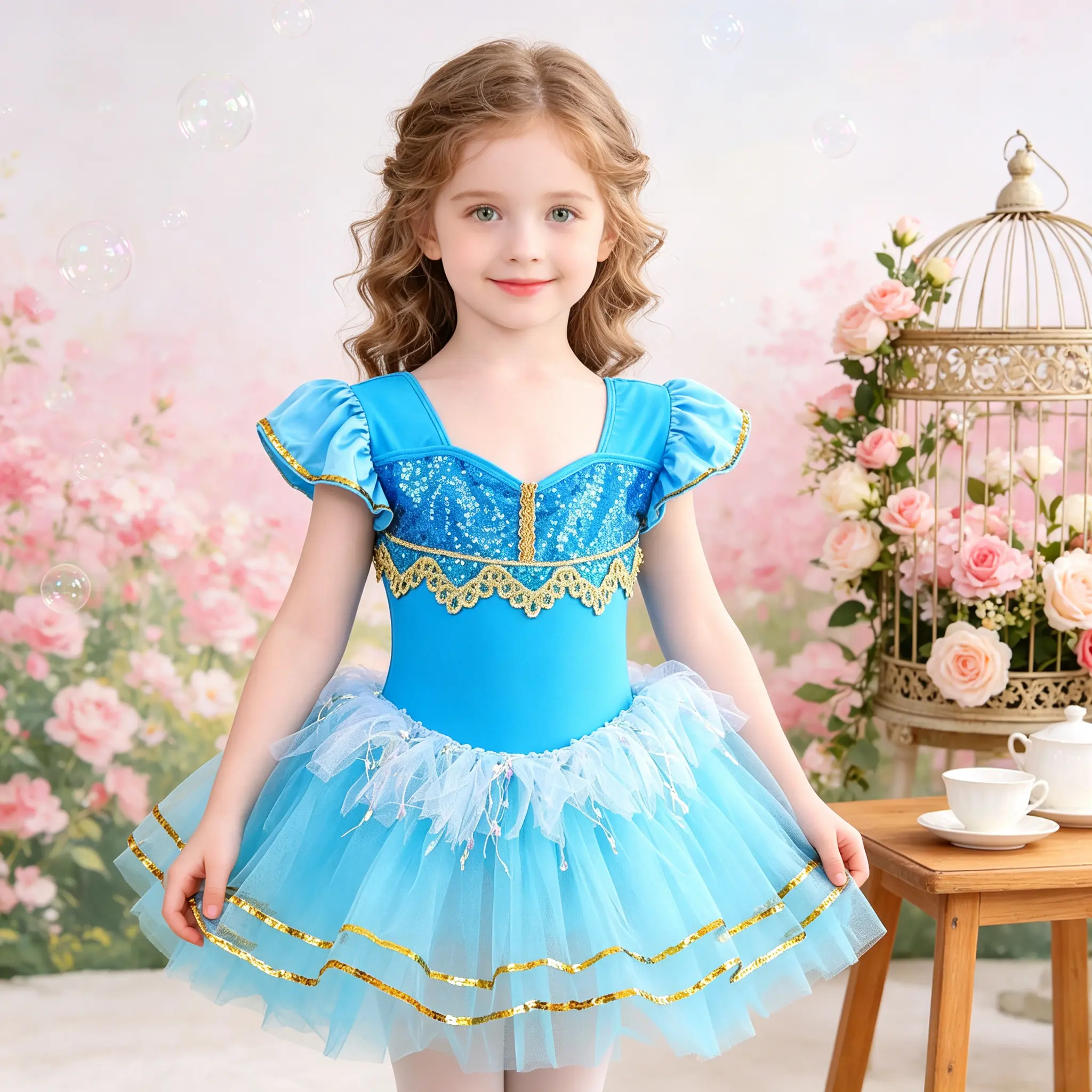 Girls' All-Seasons Blue Ruffle Short Sleeve Slim-Fitting Ballet Tutu Princess Dress, Sequin Trim, Gold Lace Trim Tulle Costume for Dance Recitals, Birthday Party, Ruffle Sleeve